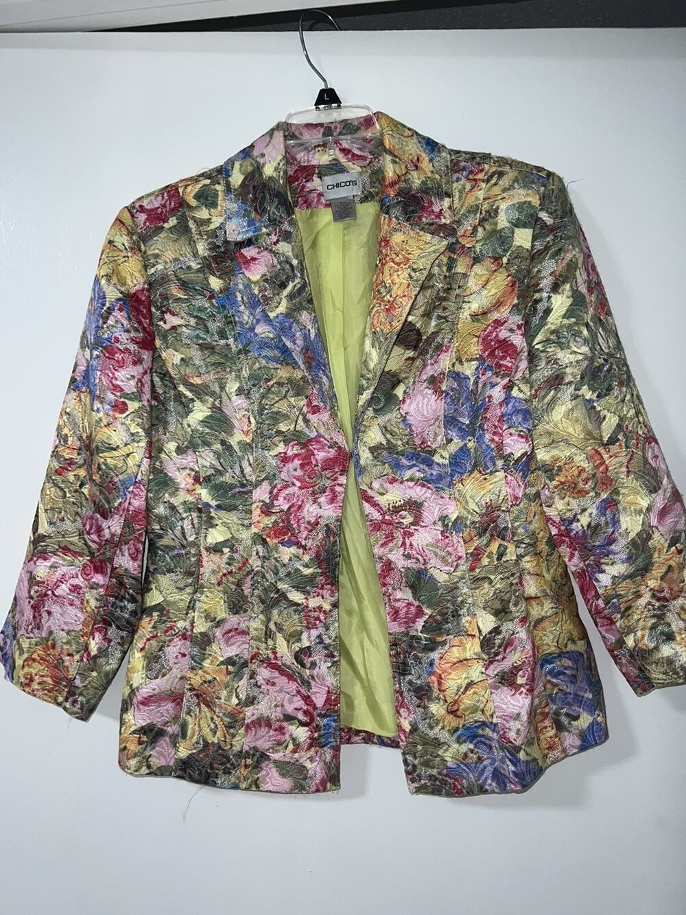 Chico’s floral tapesty blazer womens business apparel green pink lined chicos 0